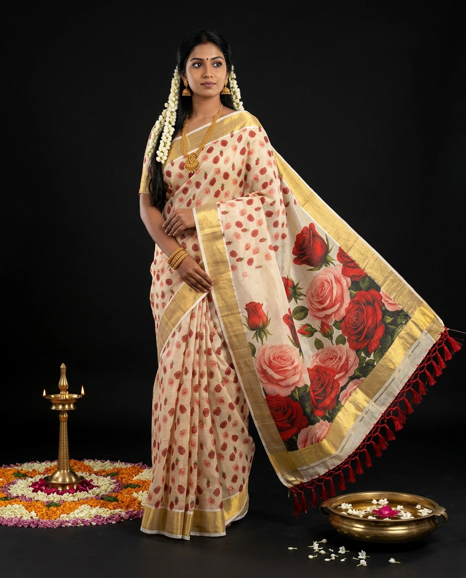 Cream Kerala Tissue Saree with Rose Bud Prints and Photorealistic Rose Bouquet Pallu with Red Tassels