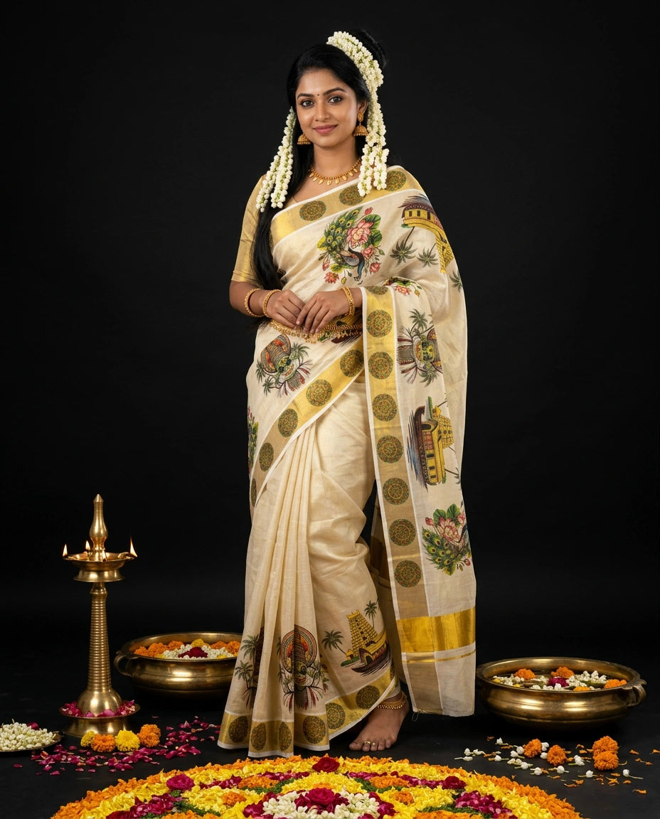 Cream Kerala Tissue Saree with Kerala Heritage Temple Nature and Mandala Scene Prints