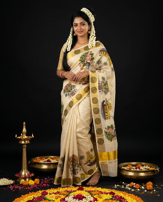 Cream Kerala Tissue Saree with Kerala Heritage Temple Nature and Mandala Scene Prints