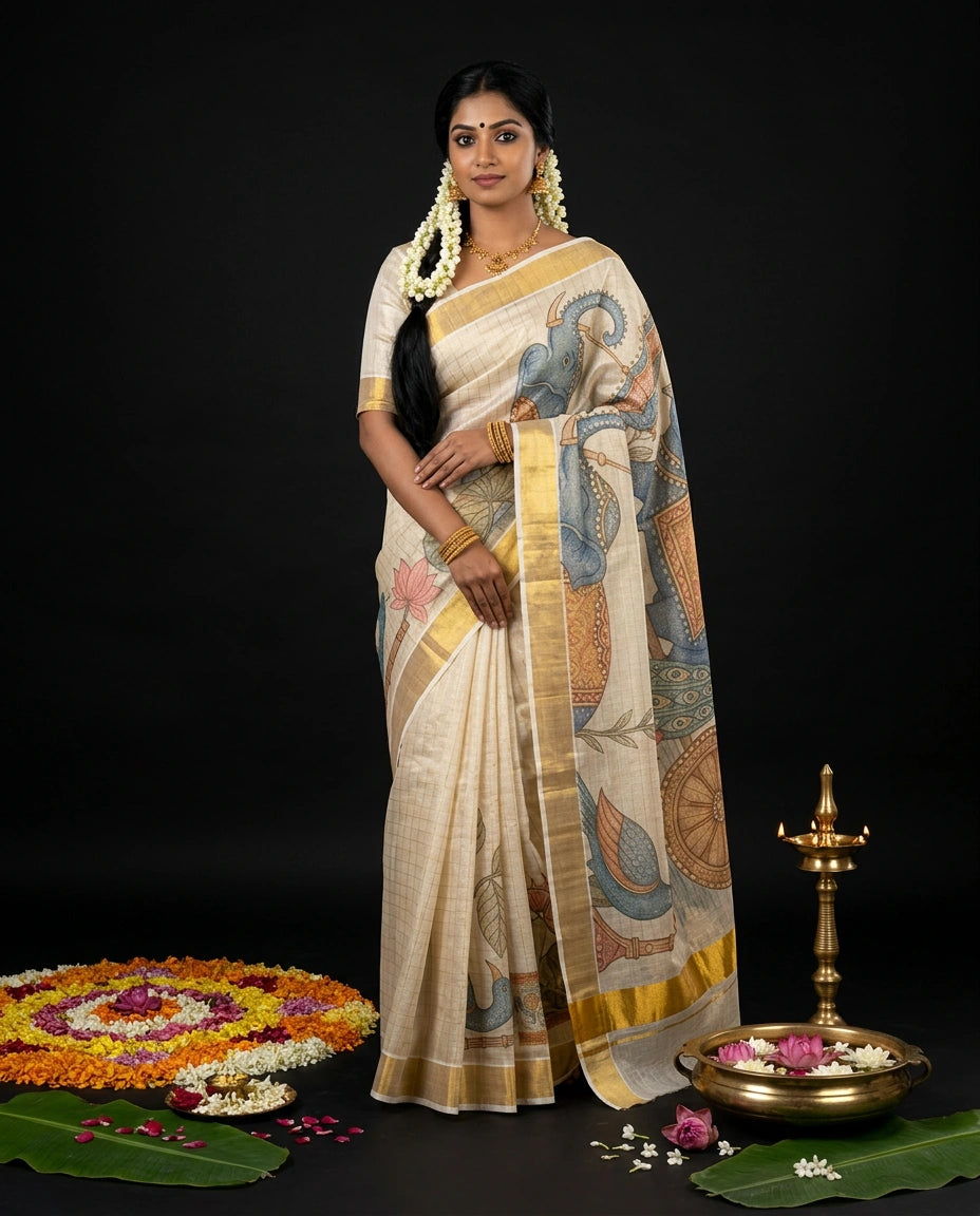 Cream Kerala Tissue Saree with Kalamkari Gajendra Elephant and Dharma Chakra Mural Art Prints