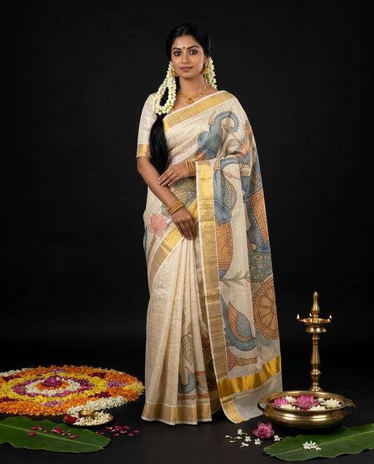 Cream Kerala Tissue Saree with Kalamkari Gajendra Elephant and Dharma Chakra Mural Art Prints