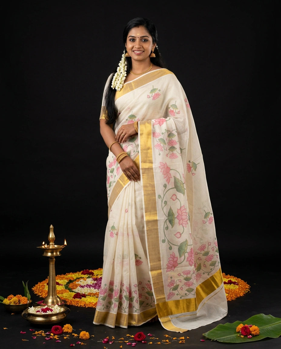 White Kerala Kasavu Saree with Soft Watercolour Pink Lotus and Green Vine Floral Prints