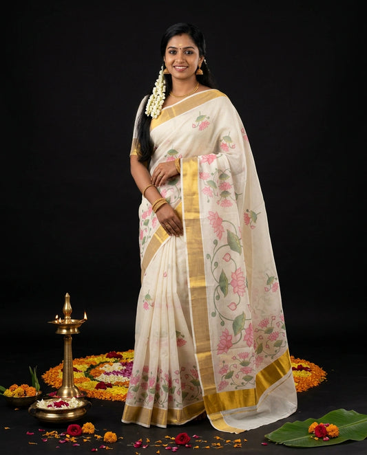 White Kerala Kasavu Saree with Soft Watercolour Pink Lotus and Green Vine Floral Prints