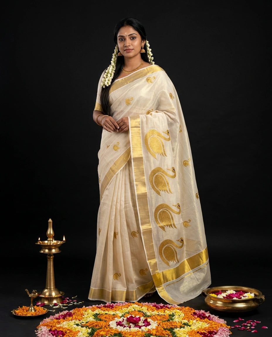 White Kerala Kasavu Saree with Gold Zari Woven Peacock Mayil Butis and Broad Gold Border