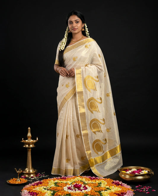 White Kerala Kasavu Saree with Gold Zari Woven Peacock Mayil Butis and Broad Gold Border