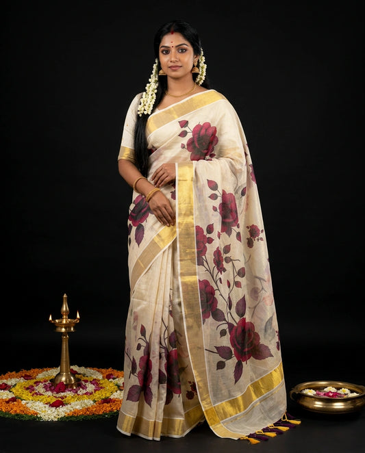 Cream Kerala Tissue Saree with Dark Burgundy Rose and Vine Prints and Multicolour Tassel Pallu