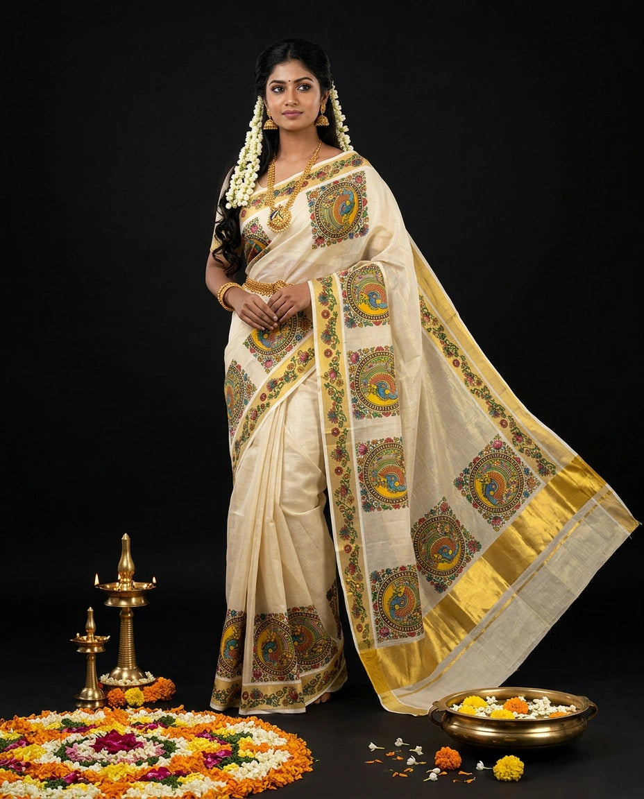 Cream Kerala Kasavu Saree with Kalamkari Peacock Mandala Medallion Block Prints and Gold Border