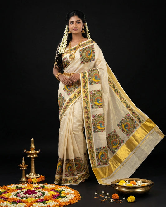 Cream Kerala Kasavu Saree with Kalamkari Peacock Mandala Medallion Block Prints and Gold Border
