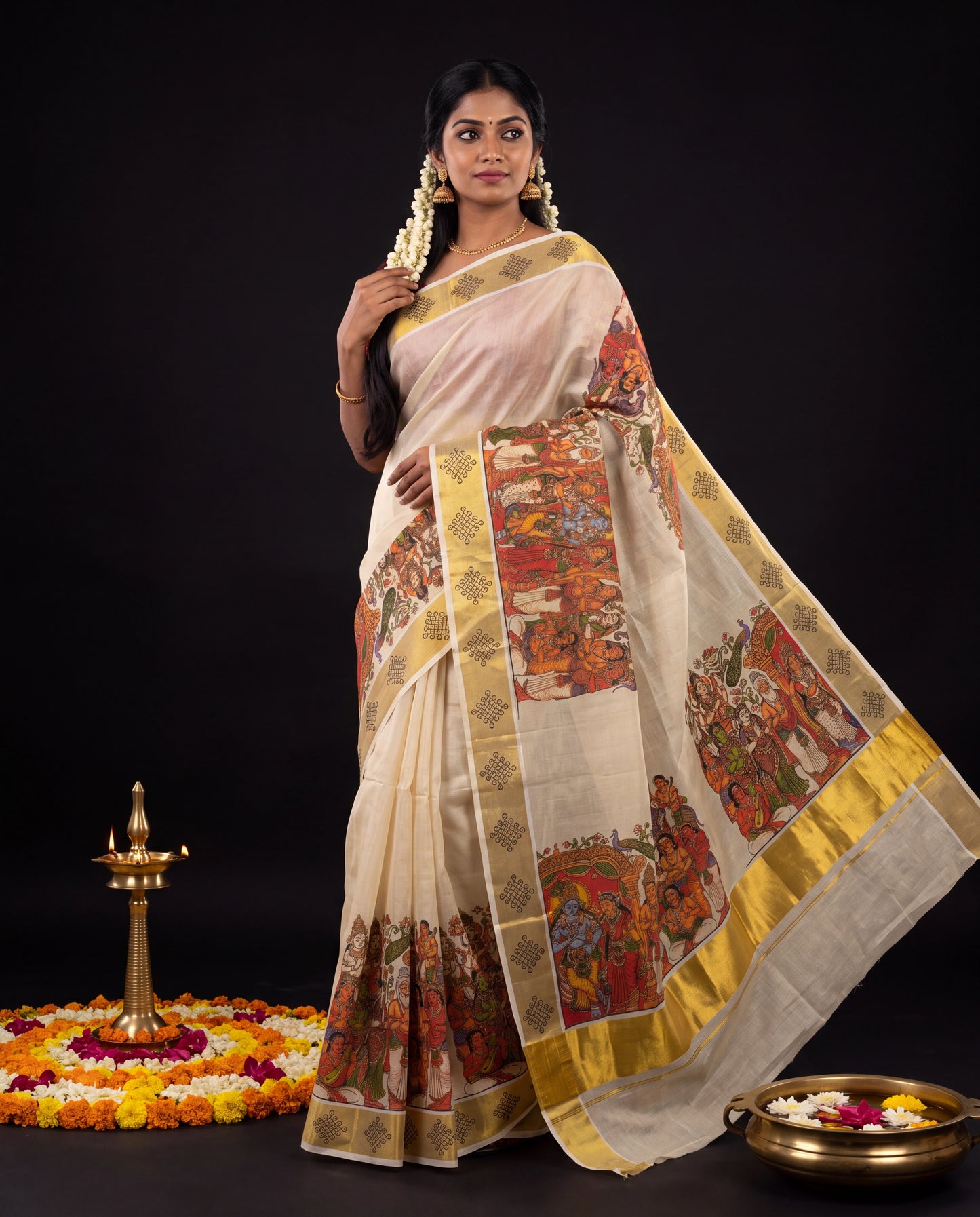 Cream Kerala Kasavu Saree with Epic Mural Art Pallu and Gold Zari Border
