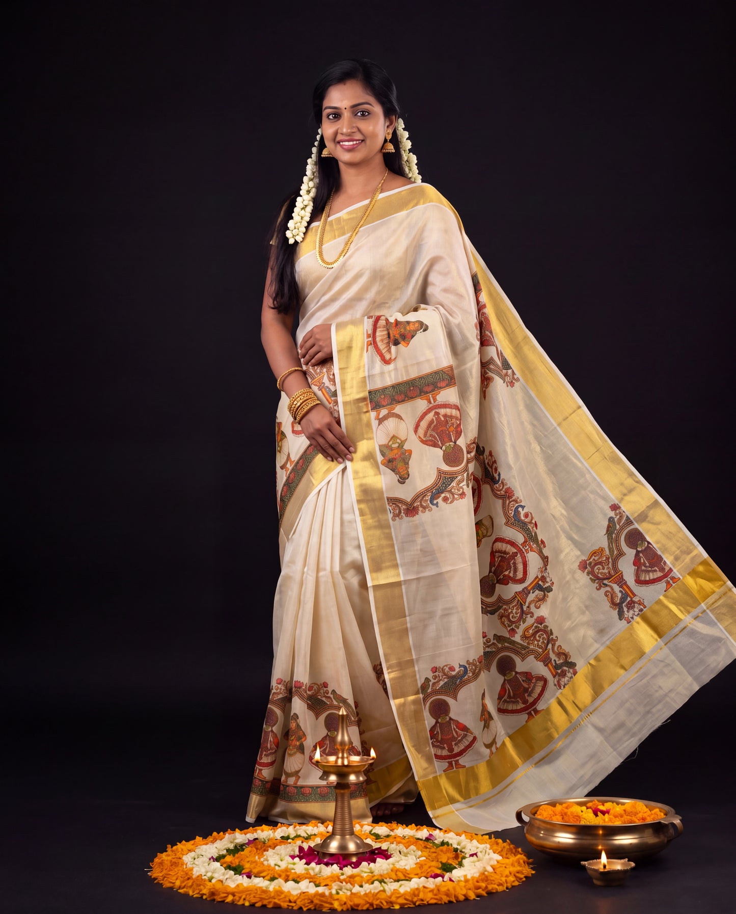 Cream Kerala Kasavu Saree with Kathakali Mural and Gold Zari Border
