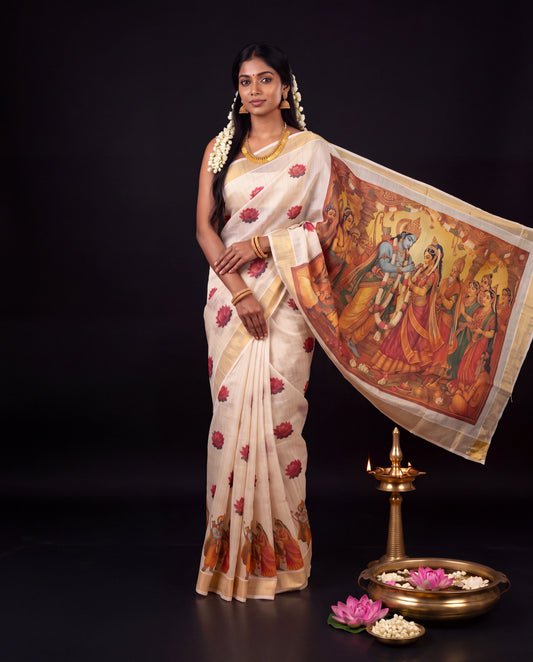 Cream Kerala tissue saree with red lotus motifs and Radha Krishna mural pallu in gold and red tones
