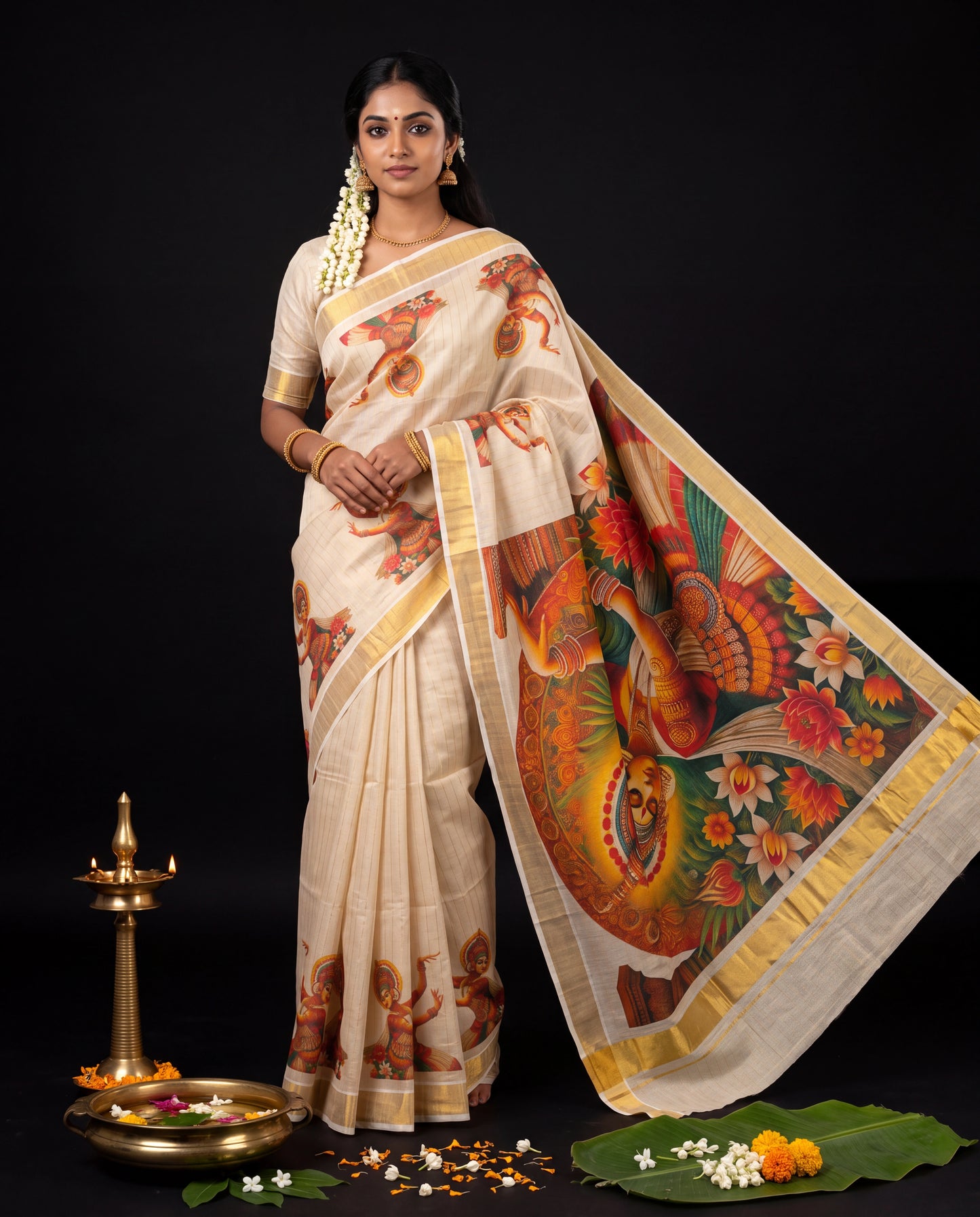 Cream Kerala tissue saree with full-pallu Kathakali mural scene in vivid colours and gold zari border