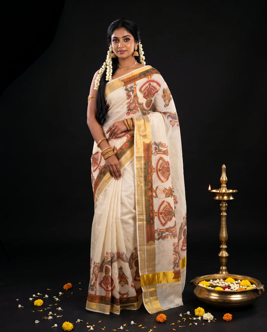 White Kerala Kasavu Saree with Kerala Mural Art Print