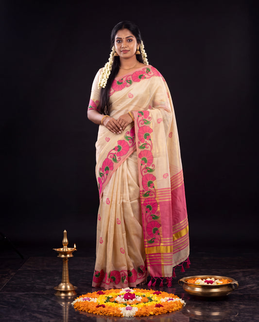 Cream Kerala Tissue Kasavu Saree with Mural Art Medallion Motifs