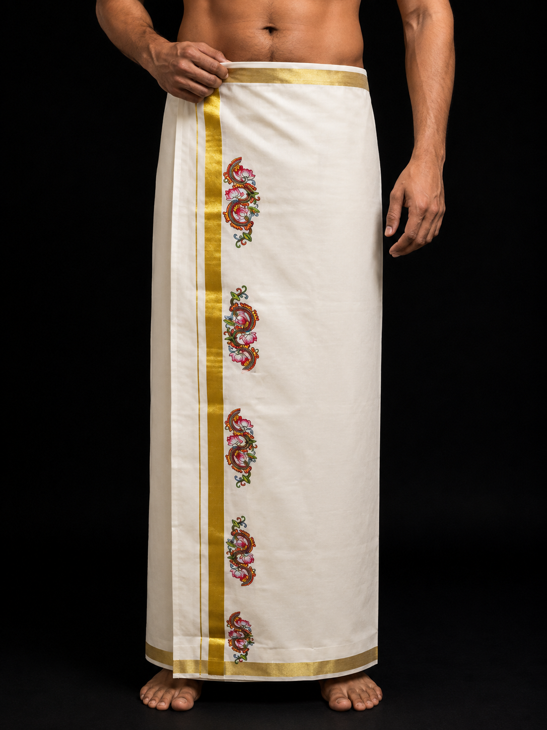 Kerala Mural Print Mundu with gold kasavu border and floral mural print