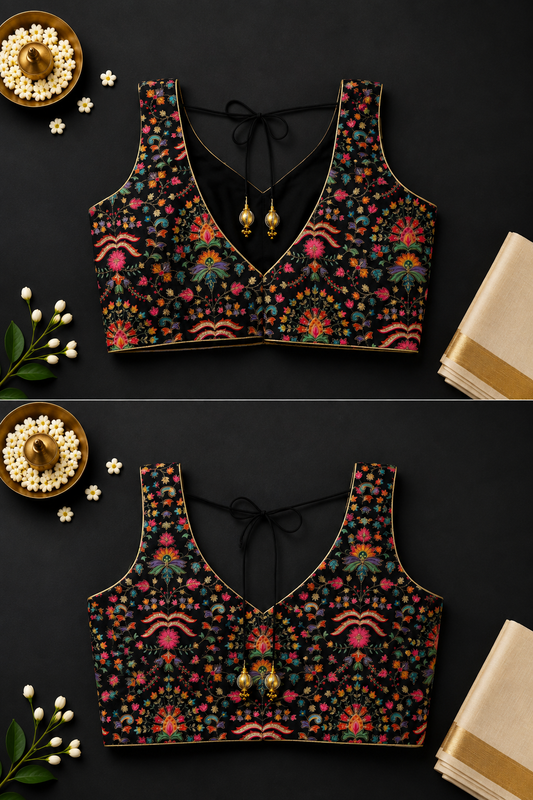 Black multicolour floral embroidered saree blouse with deep V-neck and back tie-up