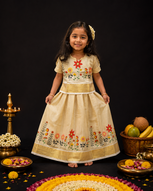 Girl wearing cream Kerala silk frock with multicolour floral print and gold zari border