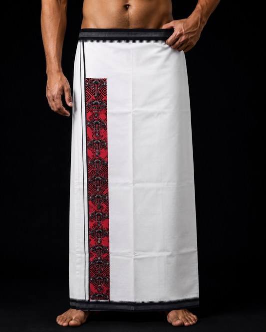 Kerala Tribal Art Mundu in white with red Theyyam border