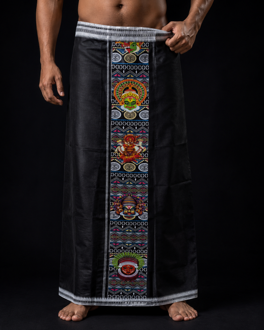 Kerala Art Print Mundu in black with Kathakali and Theyyam border