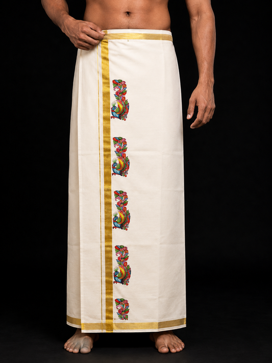 Kerala Mural peacock print Mundu with gold kasavu border