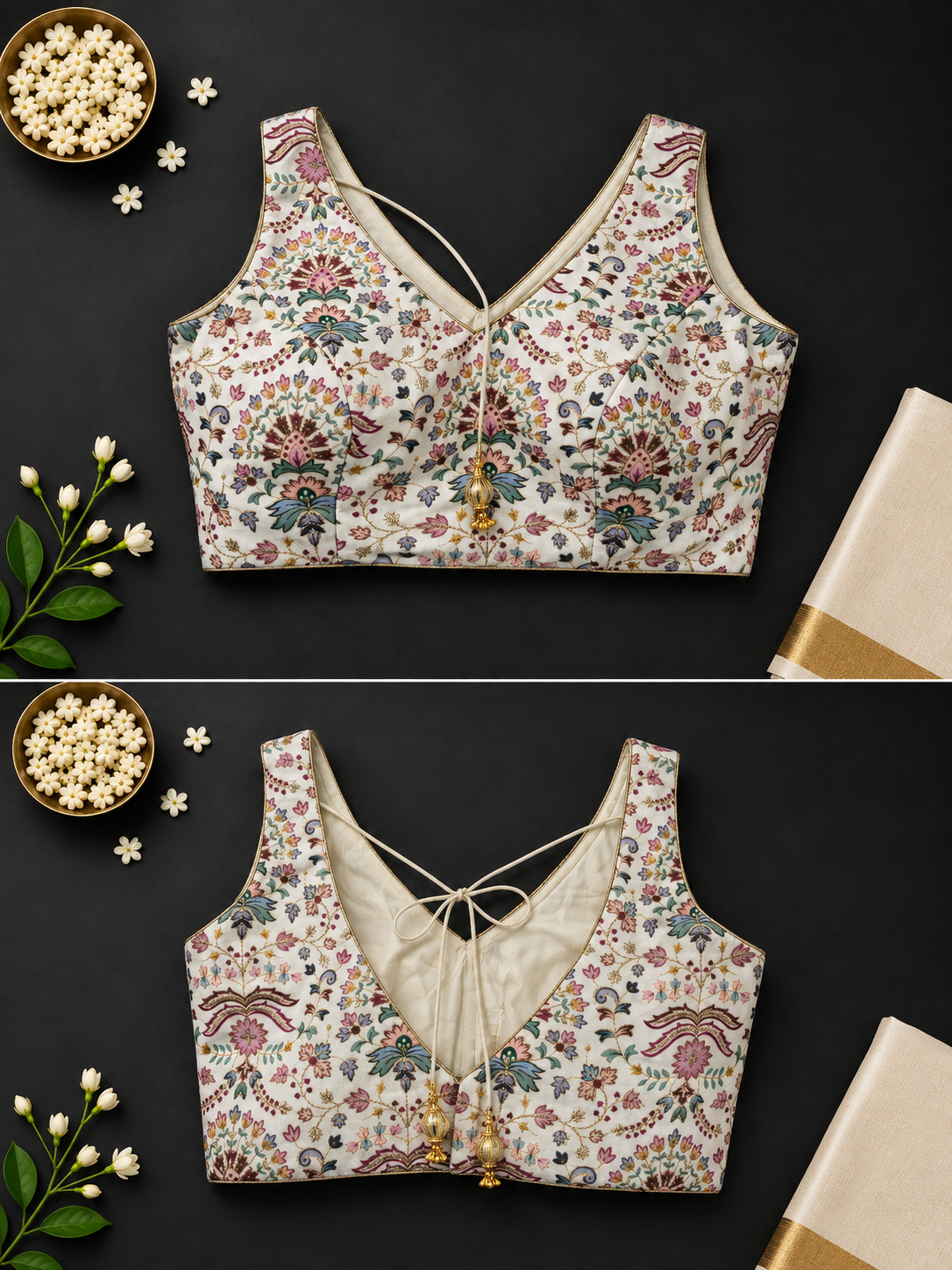 White multicolour floral print sleeveless saree blouse with deep V-neck and gold bell tassels