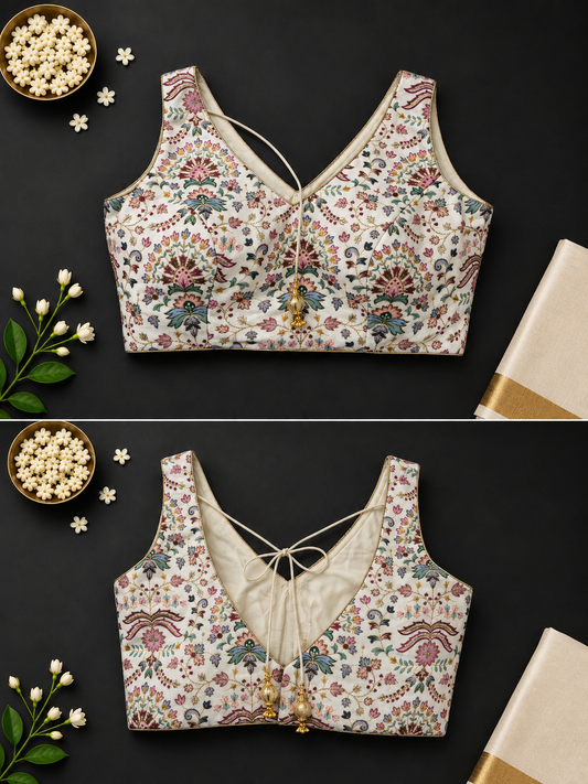 White multicolour floral print sleeveless saree blouse with deep V-neck and gold bell tassels