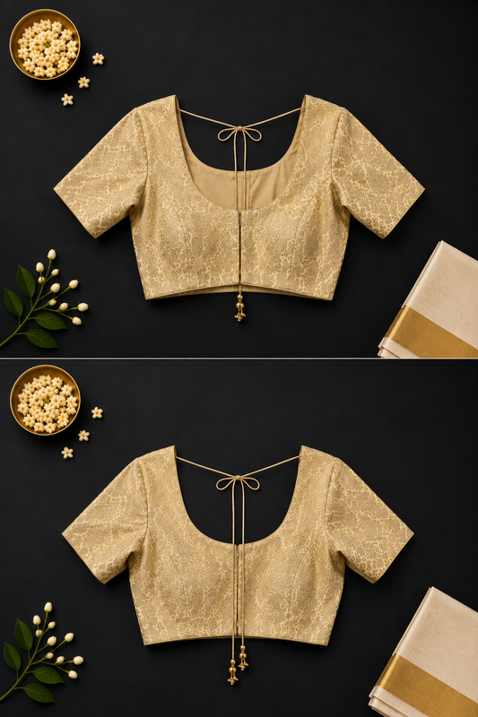 Gold floral brocade saree blouse with round neck and gold bell tassels