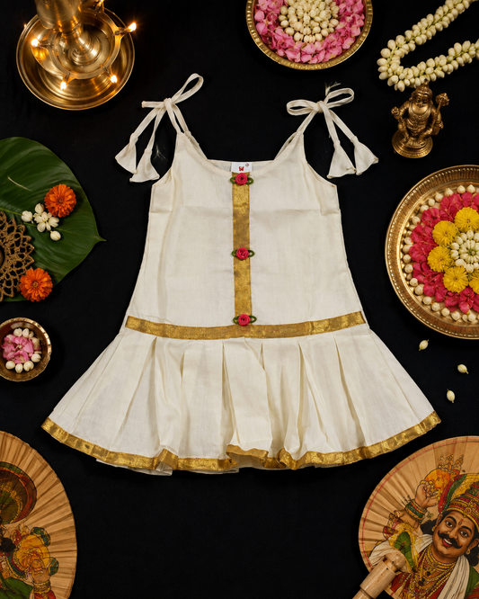 Girls White Kerala Kasavu Pleated Frock