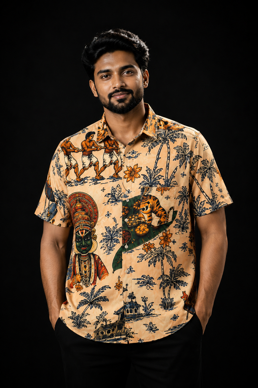 Man wearing a beige all-over print short-sleeve shirt featuring Kathakali, Pulikali tiger dance, temple elephants, and Kerala motifs