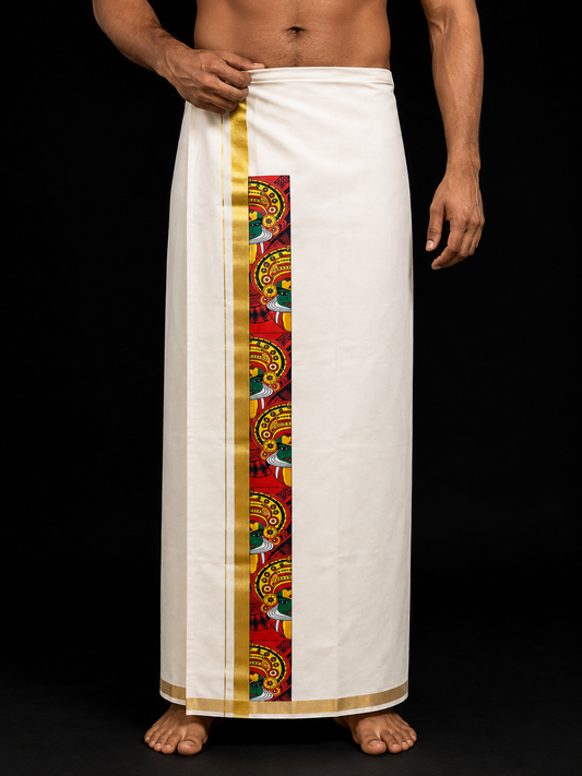 Kerala Mural panel print Mundu with vibrant red mural art and gold kasavu border