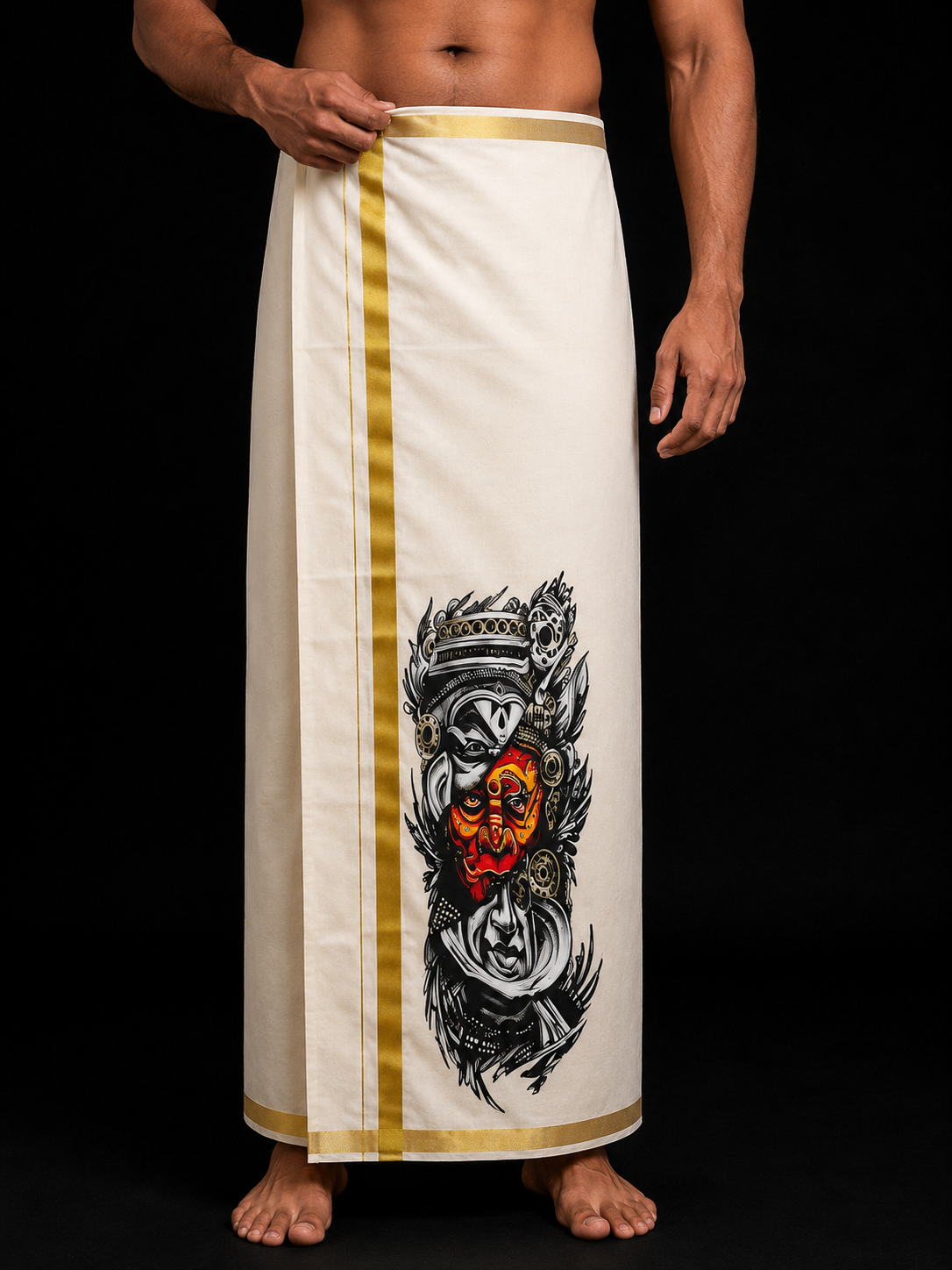 Theyyam deity art print Kerala Mundu with gold kasavu border