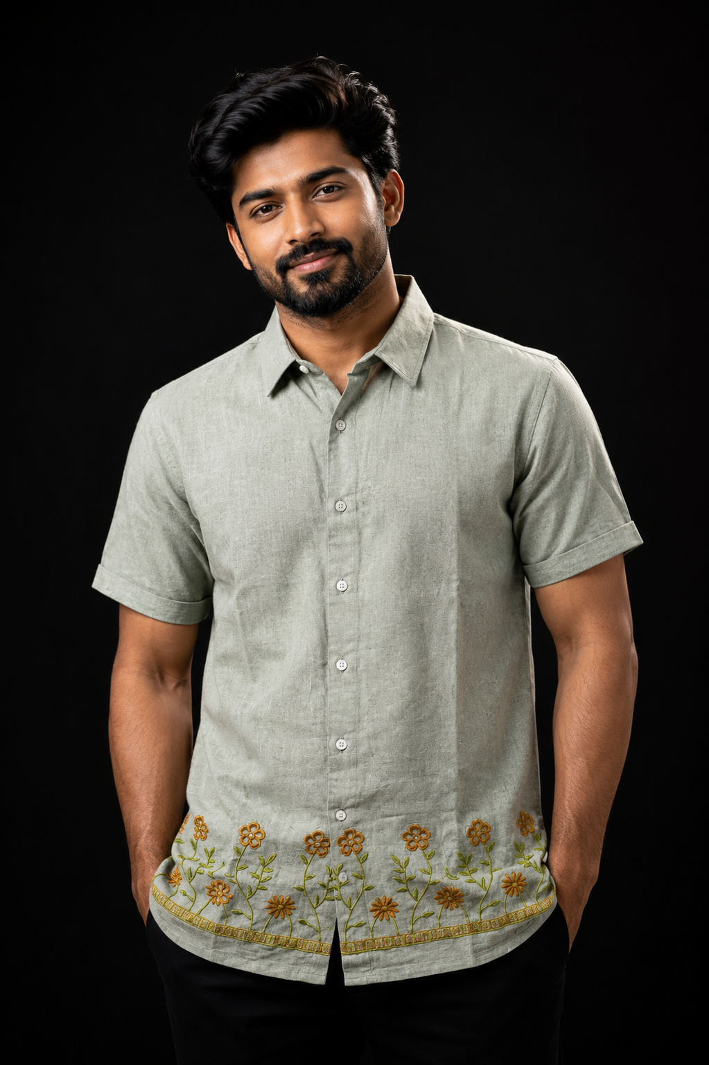 Kerala Floral Embroidered Shirt in Sage Green
