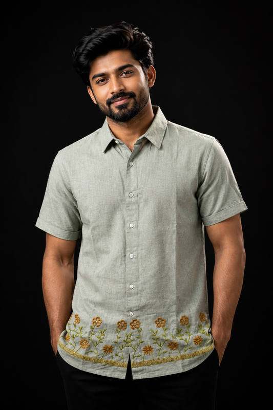 Kerala Floral Embroidered Shirt in Sage Green