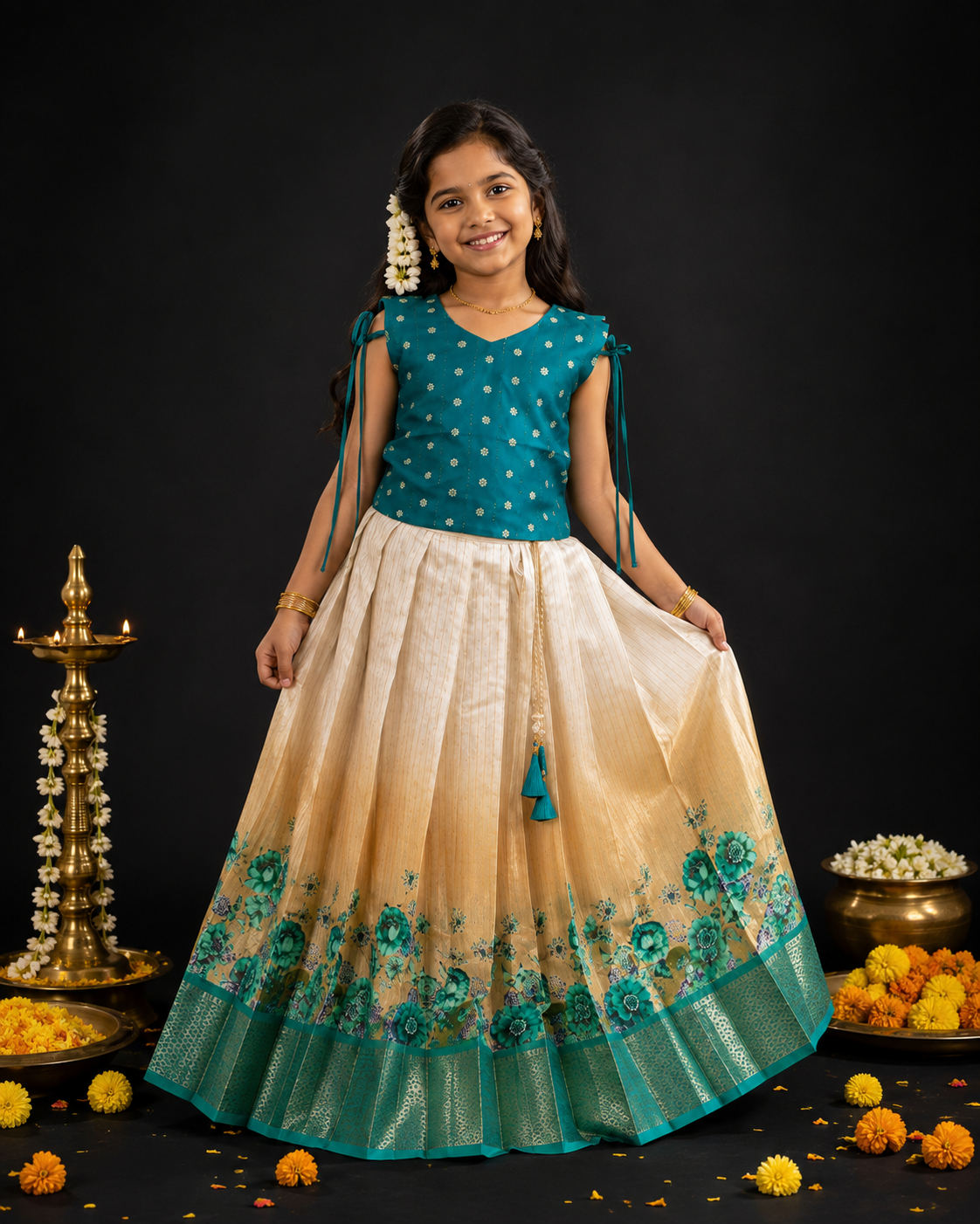 Girl wearing teal silk blouse with cream silk Pattupavada skirt featuring 3D floral border