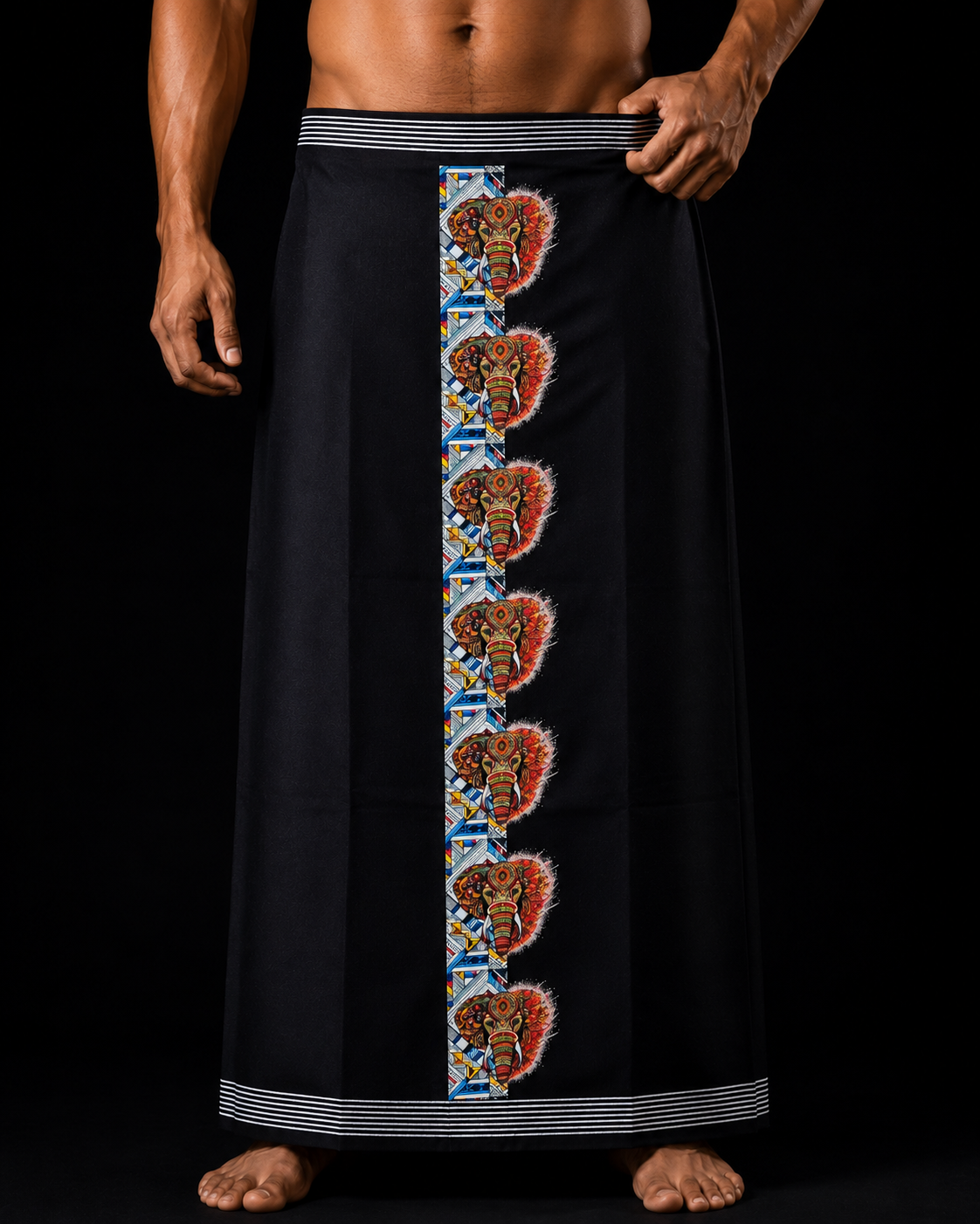 Kerala Elephant Art Mundu in black with caparisoned elephant border