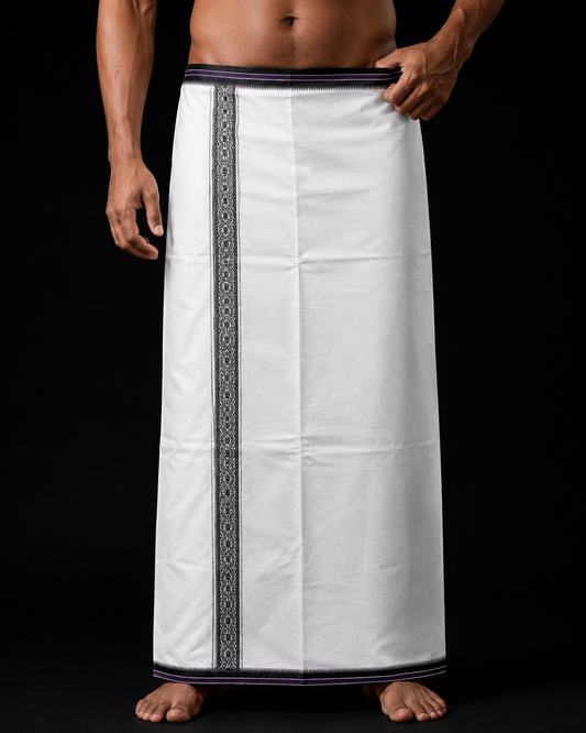 Kerala Traditional Mundu with navy geometric border