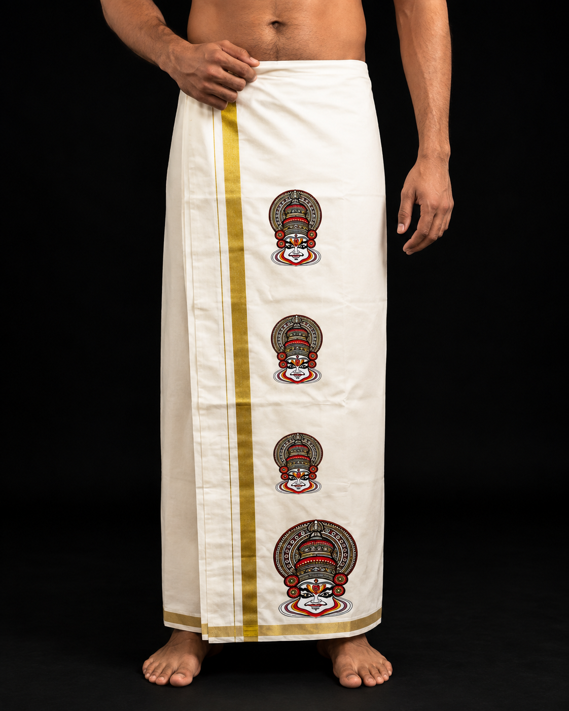 Kathakali repeat print Kerala Mundu with gold kasavu border
