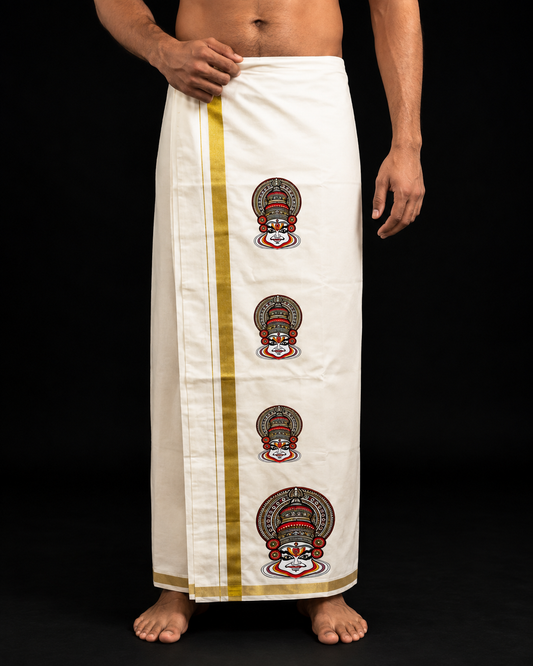 Kathakali repeat print Kerala Mundu with gold kasavu border