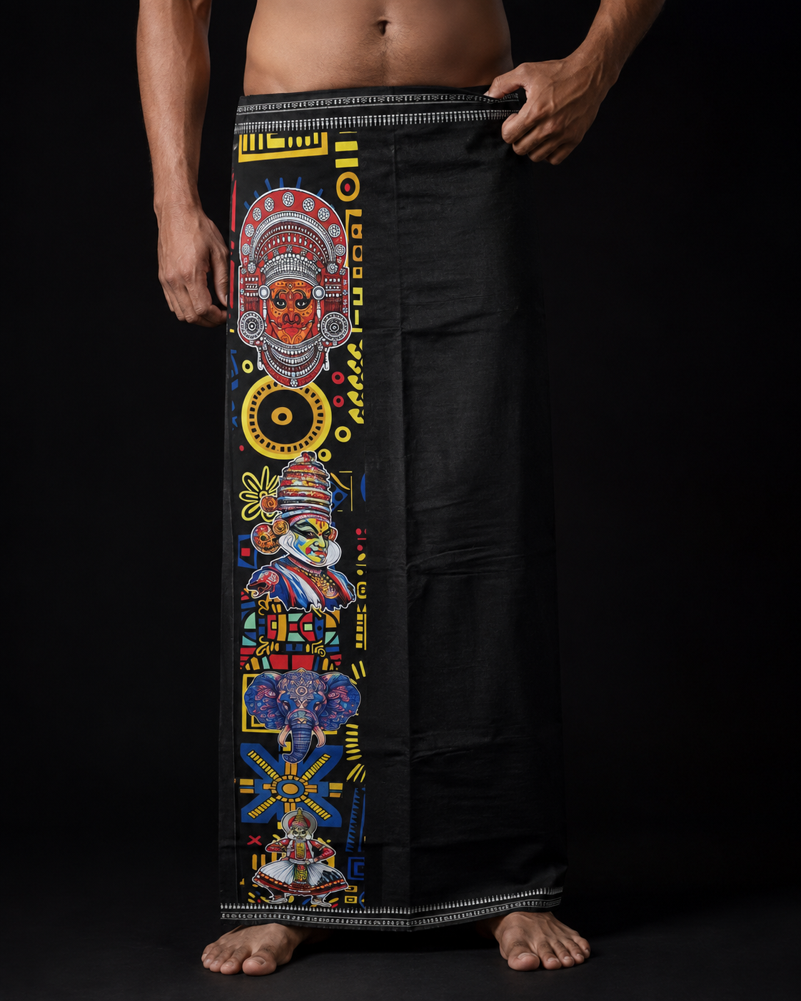 Kerala Cultural Art Mundu in black with Theyyam Kathakali and elephant border
