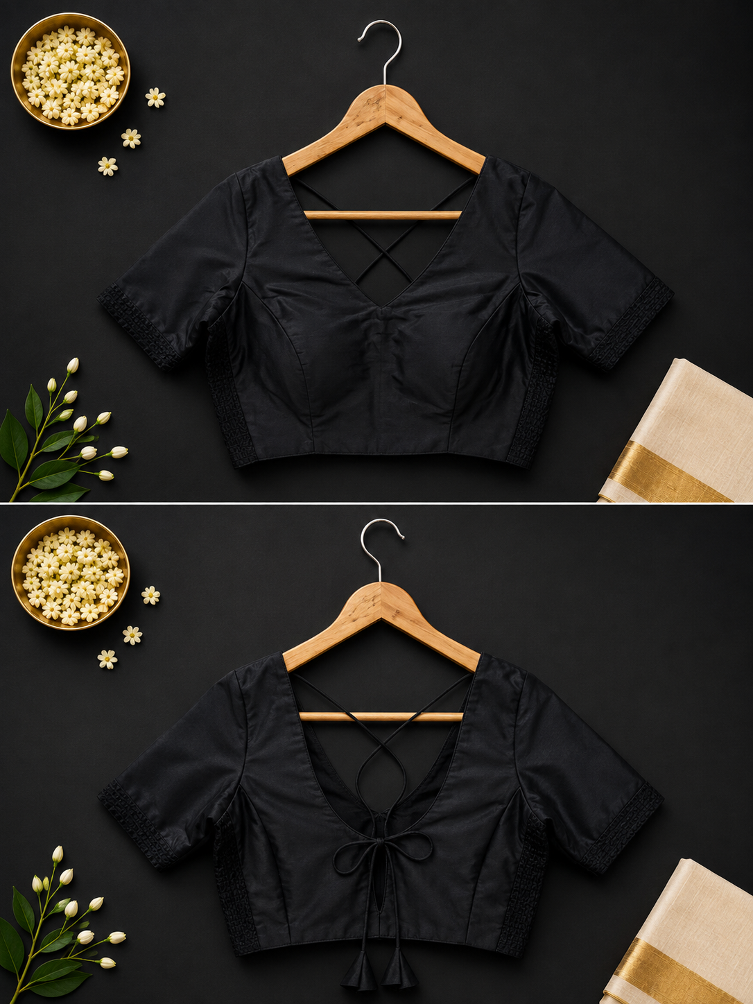 Black saree blouse with cross-strap back neckline and lace sleeve trim