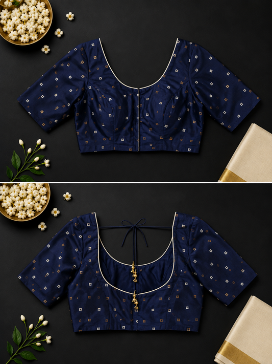 Navy blue jacquard saree blouse with gold butti print and back tie-up