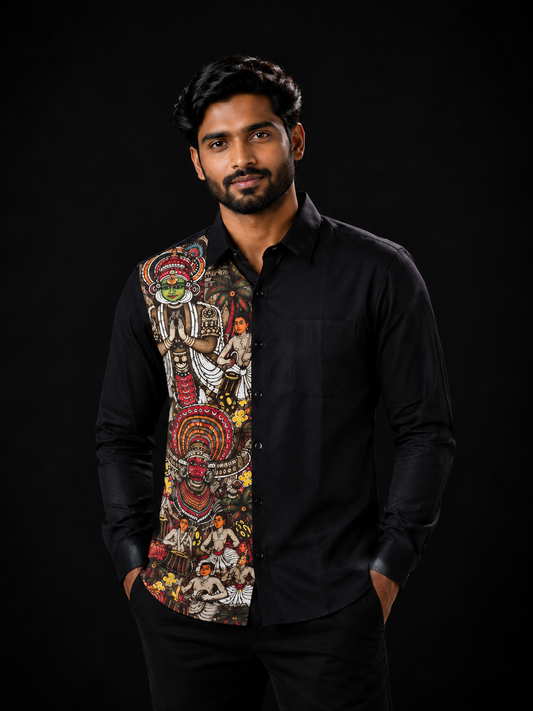 Man wearing a black full-sleeve shirt with a Kerala art panel on the left featuring Kathakali, Theyyam deities, classical performers and floral motifs on a dark background