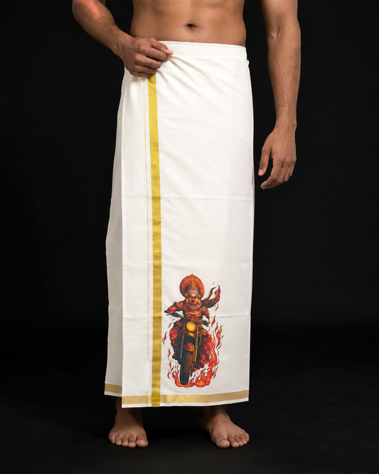 Kathakali dancer riding motorcycle print Kerala Mundu with gold kasavu border