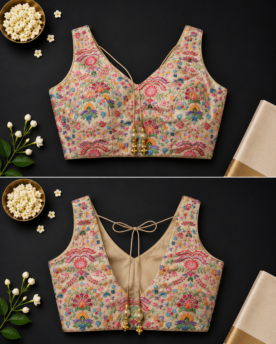 Floral embroidered sleeveless saree blouse with separate short sleeve piece