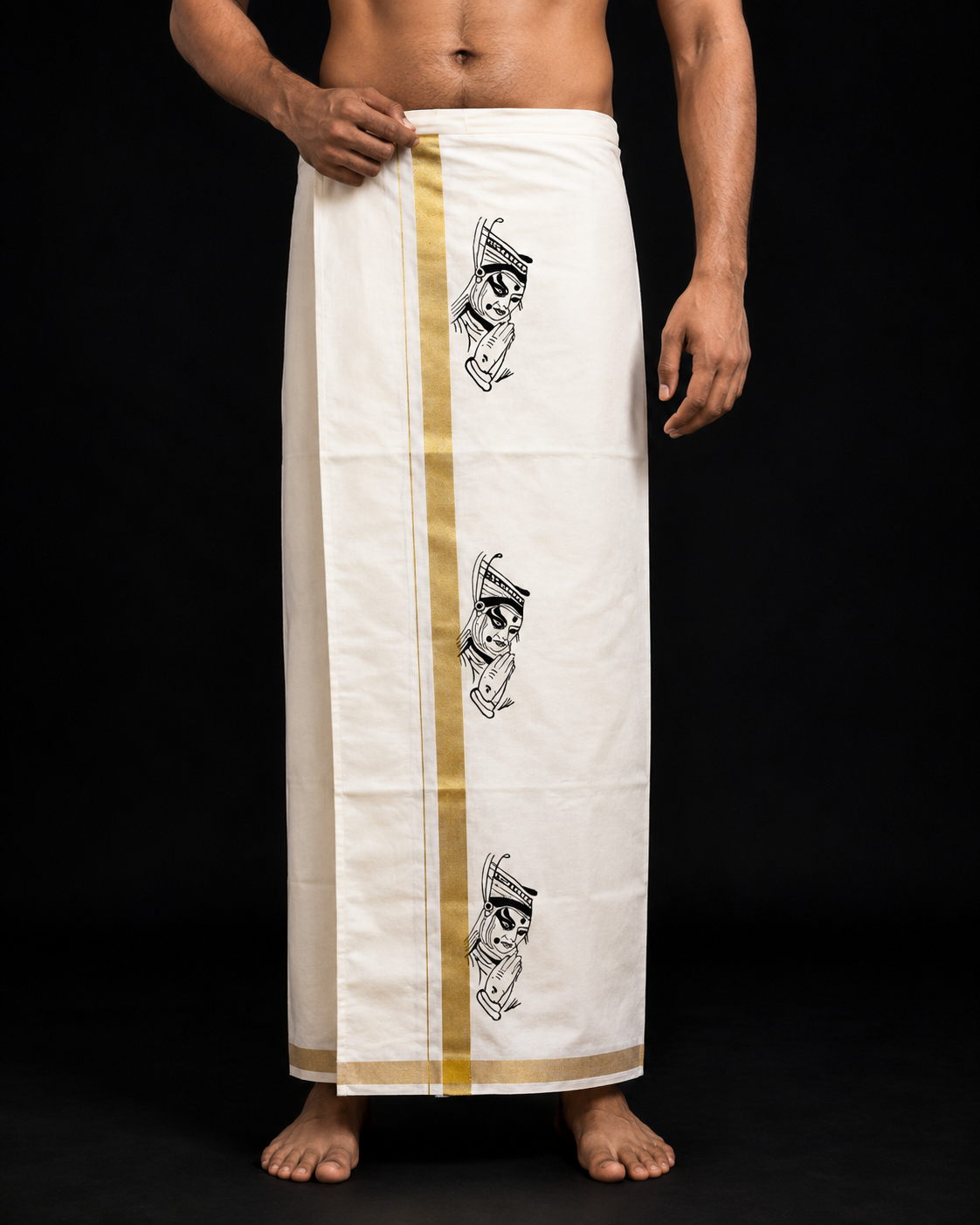 Kathakali dancer line art print Kerala Mundu with gold kasavu border