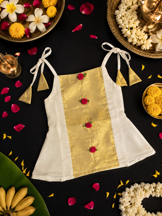 Girls White Kerala Kasavu Top with Rose Buttons