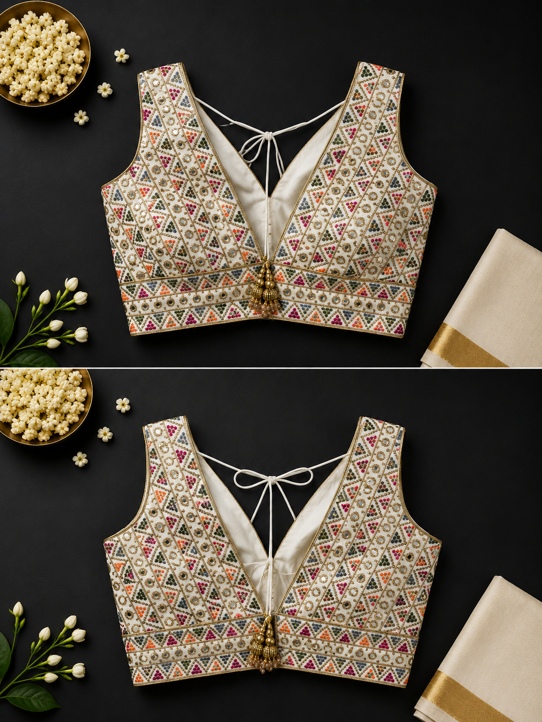 Cream geometric embroidered sleeveless saree blouse with deep V-neck and gold tassel