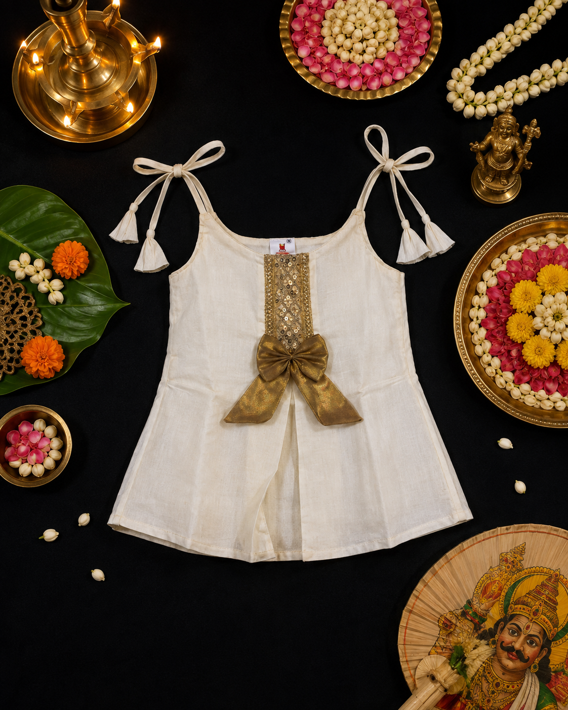 Girls White Kerala Frock with Gold Bow