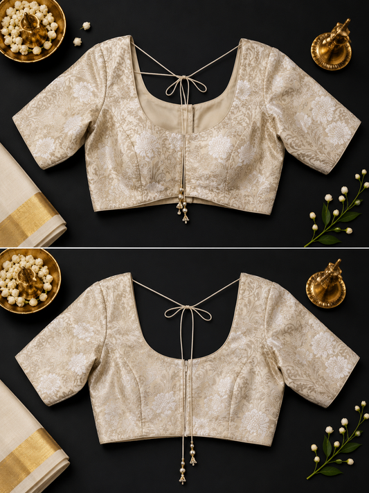 Ivory brocade saree blouse with square neck and gold bell tassels