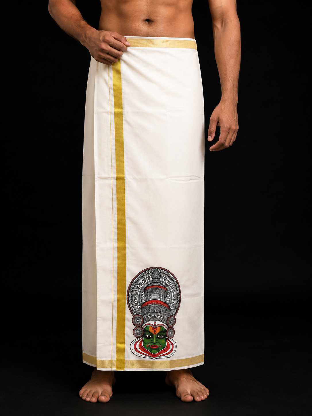 Kathakali face print Kerala Mundu with gold kasavu border
